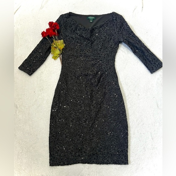 Lauren Ralph Lauren Dresses & Skirts - Ralph Lauren Charcoal Sequin Beaded Lace Dress - Size 6P